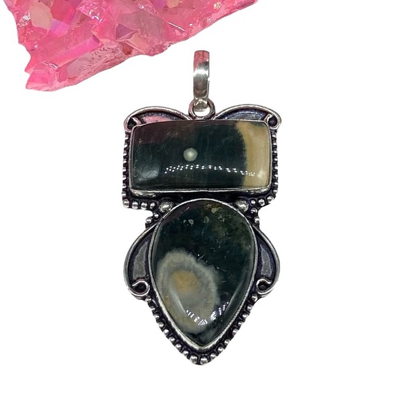Hand Crafted Jewelry - Ocean Jasper Necklace Pendant 925 Sterling Silver Overlay Natural Stone